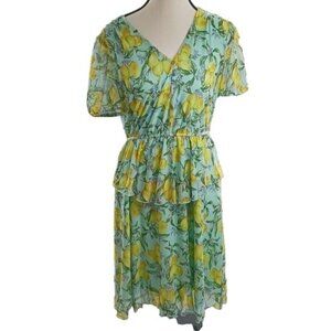 Stella & Julie Dress Green Lemon Print V-Neck Short Sleeve Tiered Womens Size 8